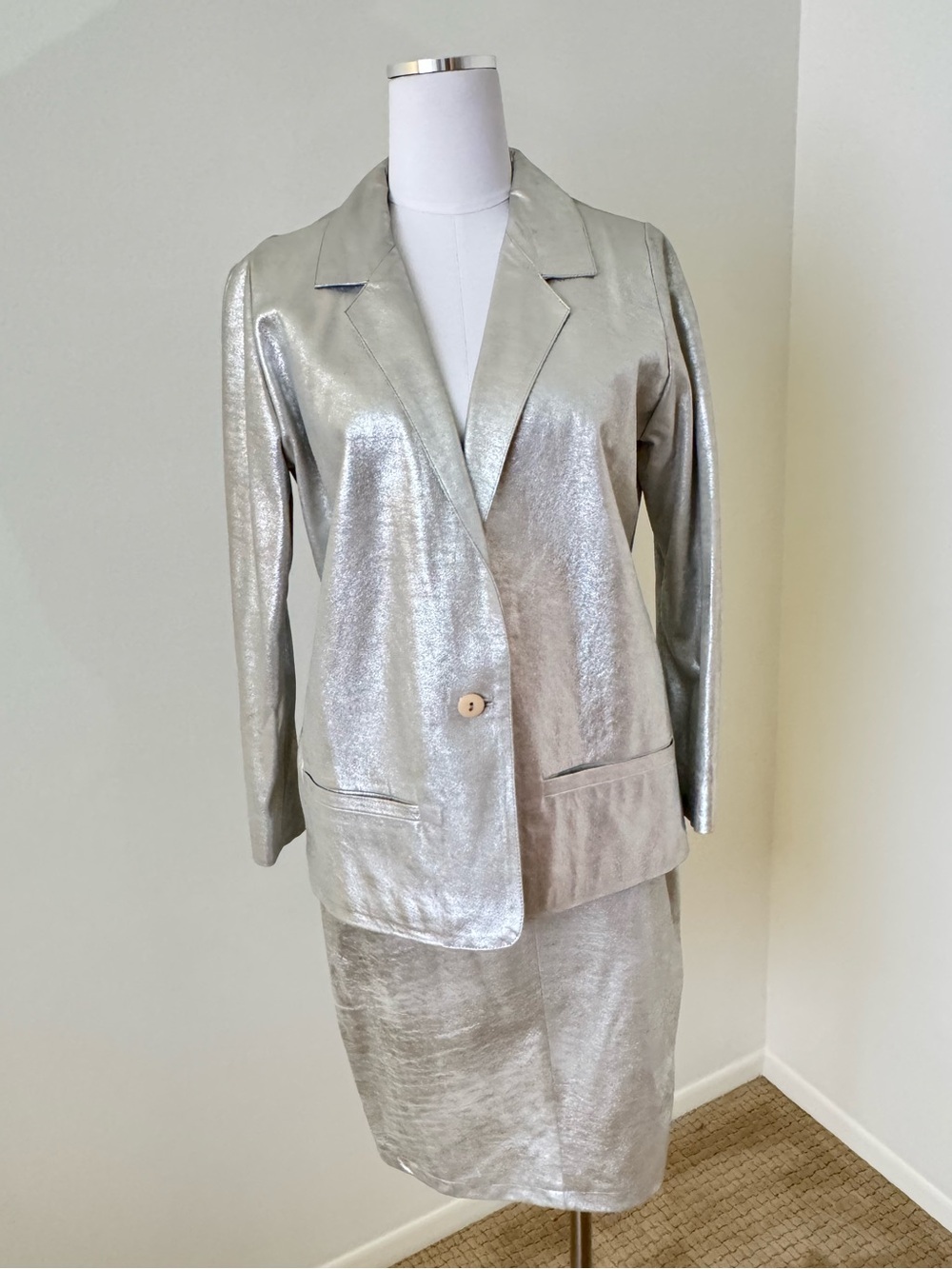 Vintage Mario Valentino Metallic Silver Leather Skirt Suit Blazer Set ITALY